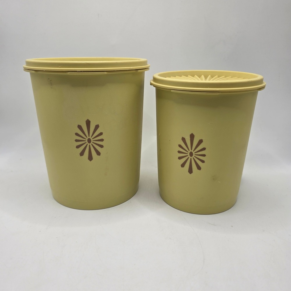 Tupperware Servalier Canister Set Harvest Yellow Sunburst Lid Vintage 70s Retro